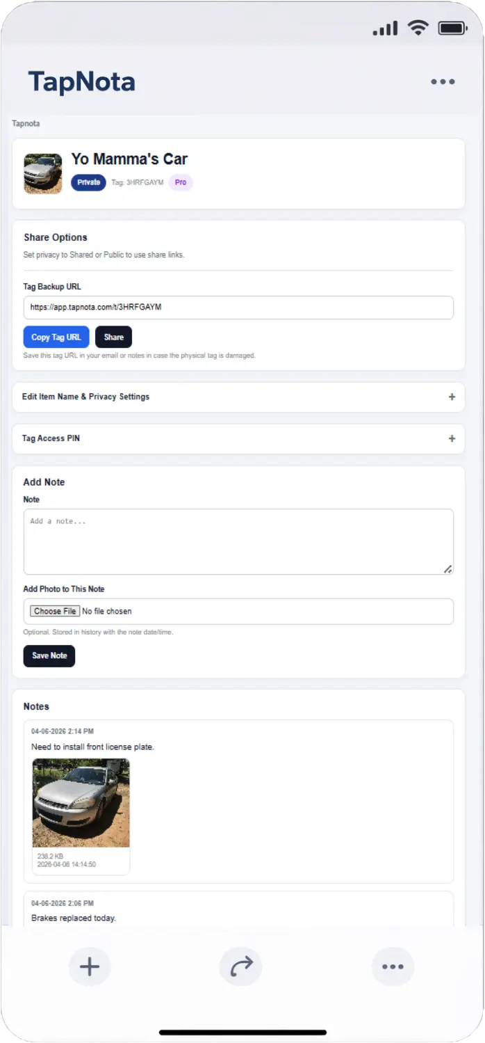 asset tracking item page on phone showing notes, photos, privacy settings, and share options