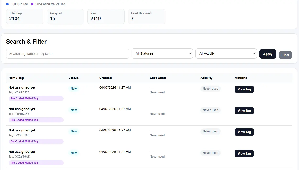asset management software dashboard showing 2134 total tags with assigned and new items