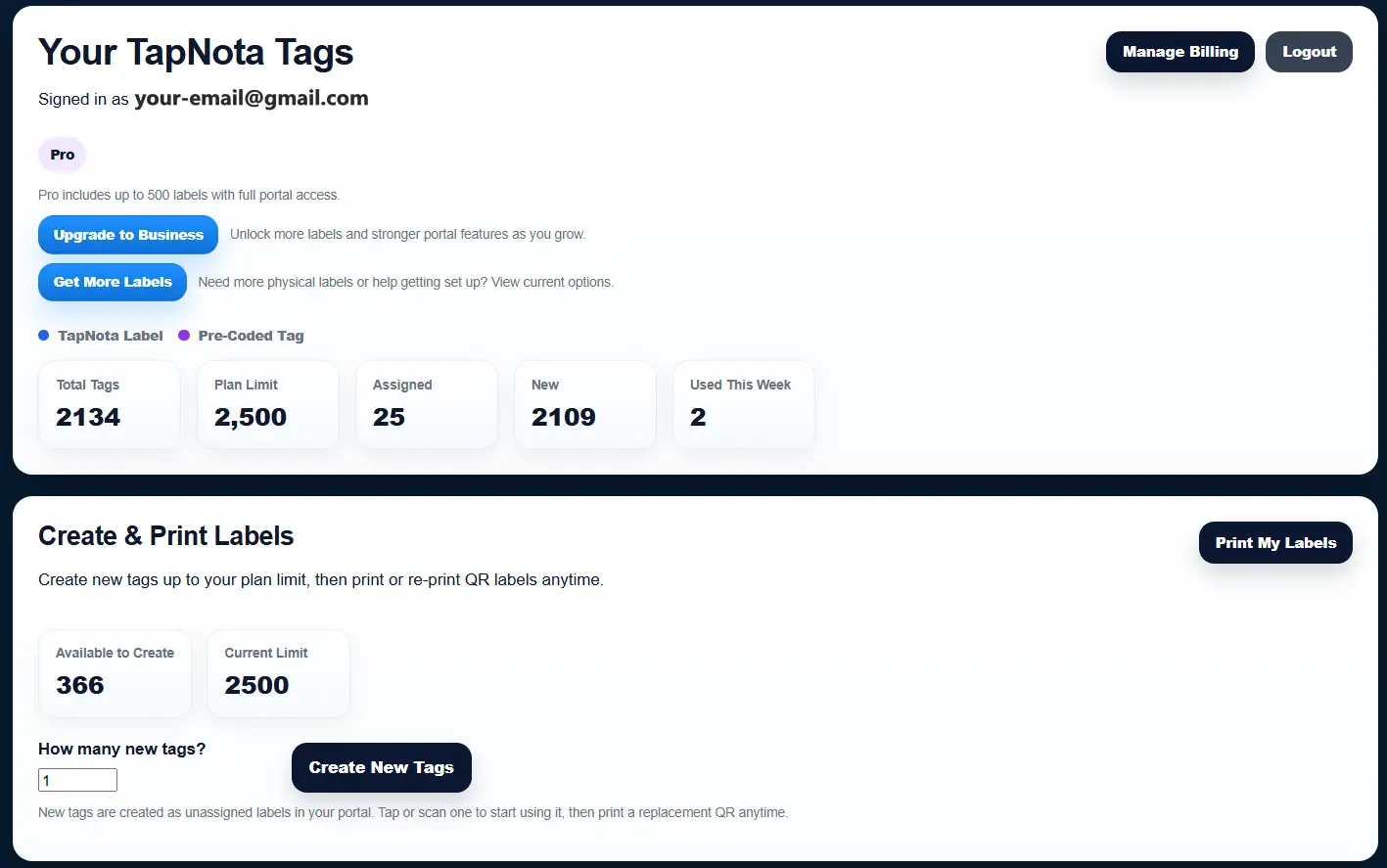 TapNota portal dashboard showing recently used items and activity tracking