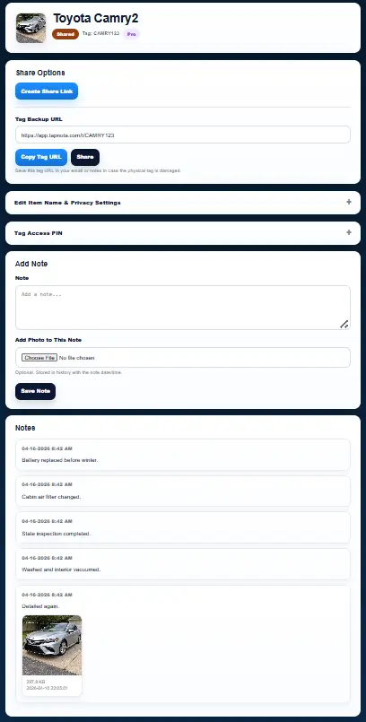 inventory item page showing notes photos and tracking details