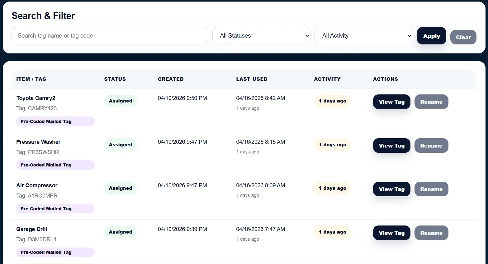 inventory management software dashboard showing tracked inventory items