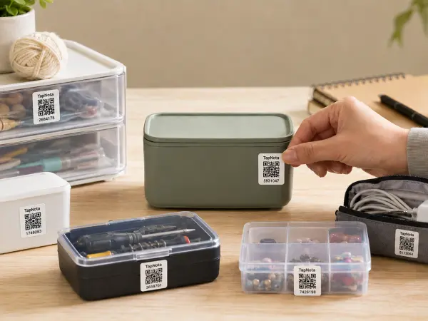 TapNota Mini 1 inch by 1 inch QR labels attached to storage bins, organizers, and small containers