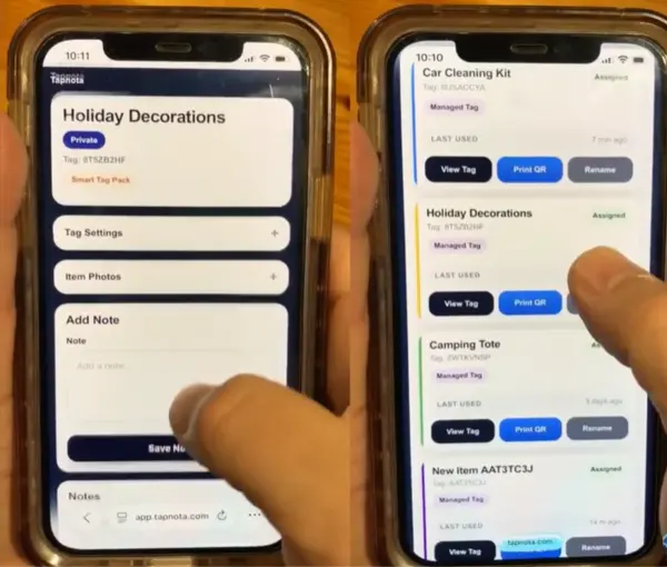 Using a phone to add notes to a TapNota Item Page and manage labeled items