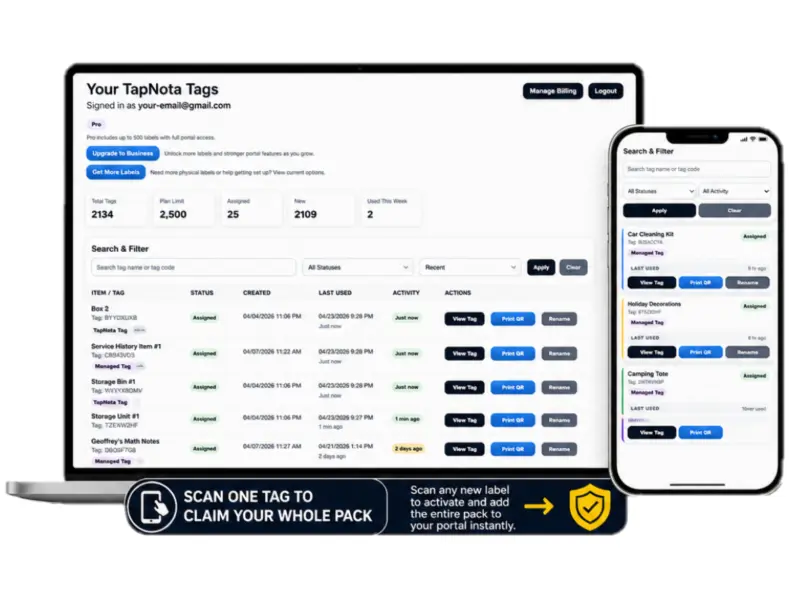 TapNota Portal on a computer and phone showing searchable QR-labeled items