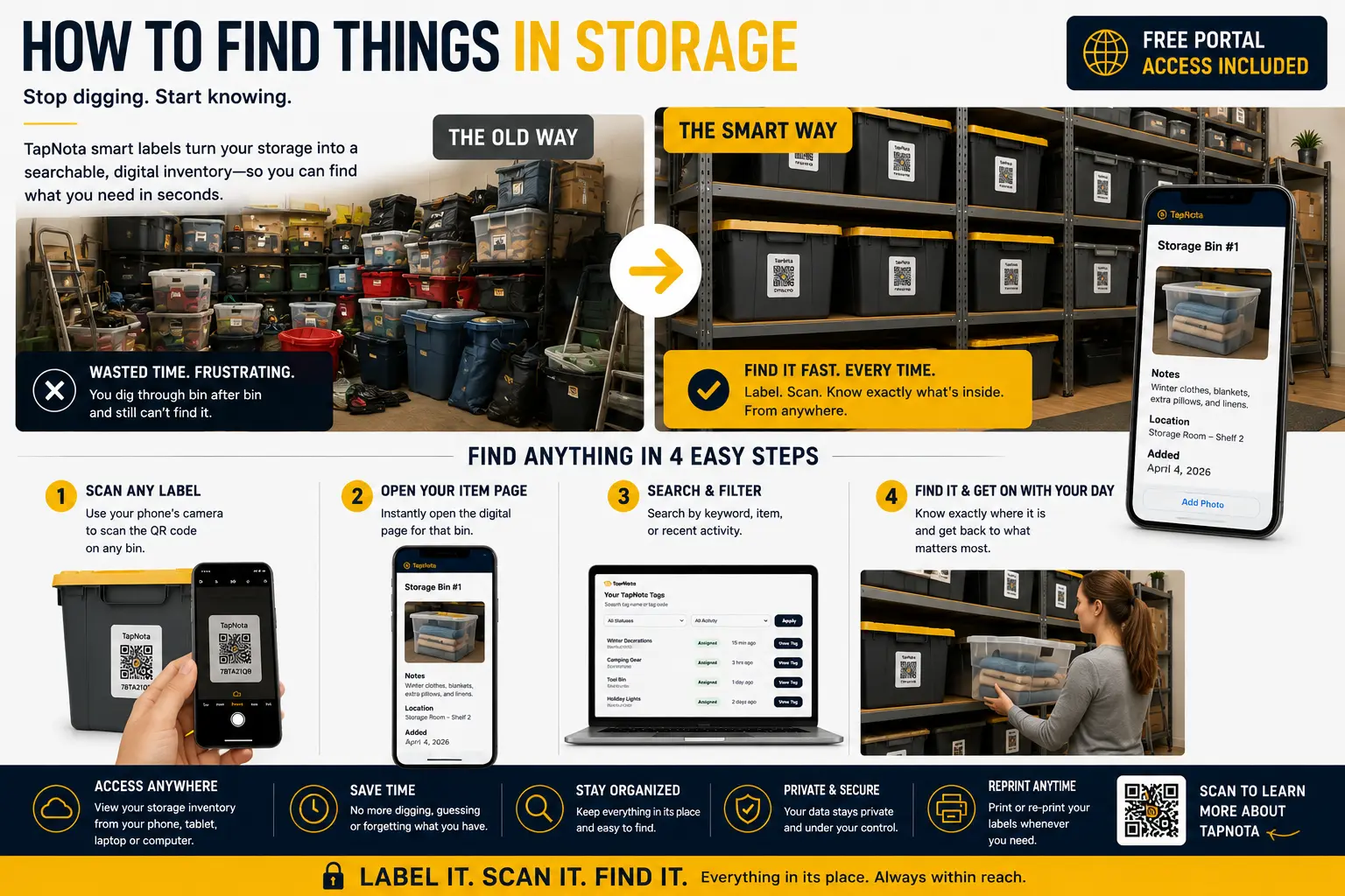 TapNota QR labels for finding items in storage bins shelves closets garages attics basements and storage rooms