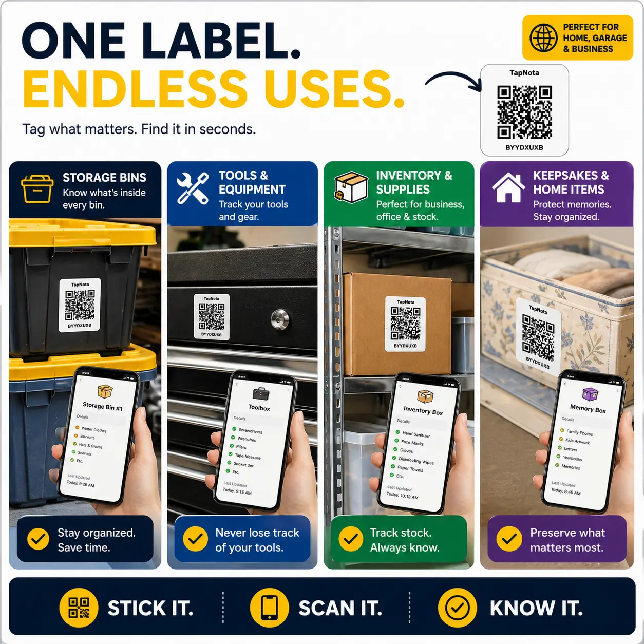 QR labels for moving boxes showing a digital packing list with notes photos and inventory