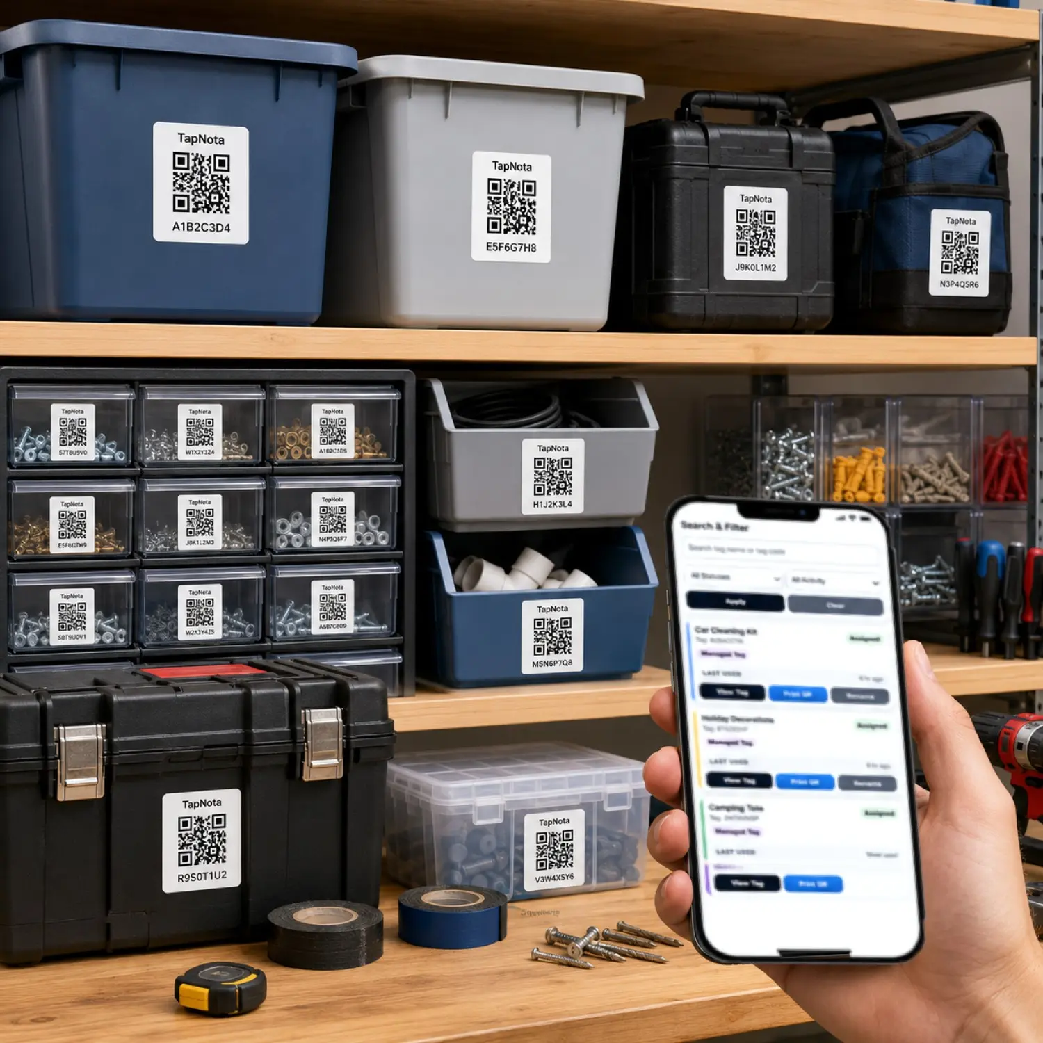 Organized workshop with TapNota QR inventory labels on tools, parts, bins and equipment