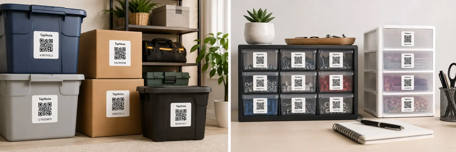 Full-size TapNota labels on large bins and boxes beside Mini labels on drawers and small organizers
