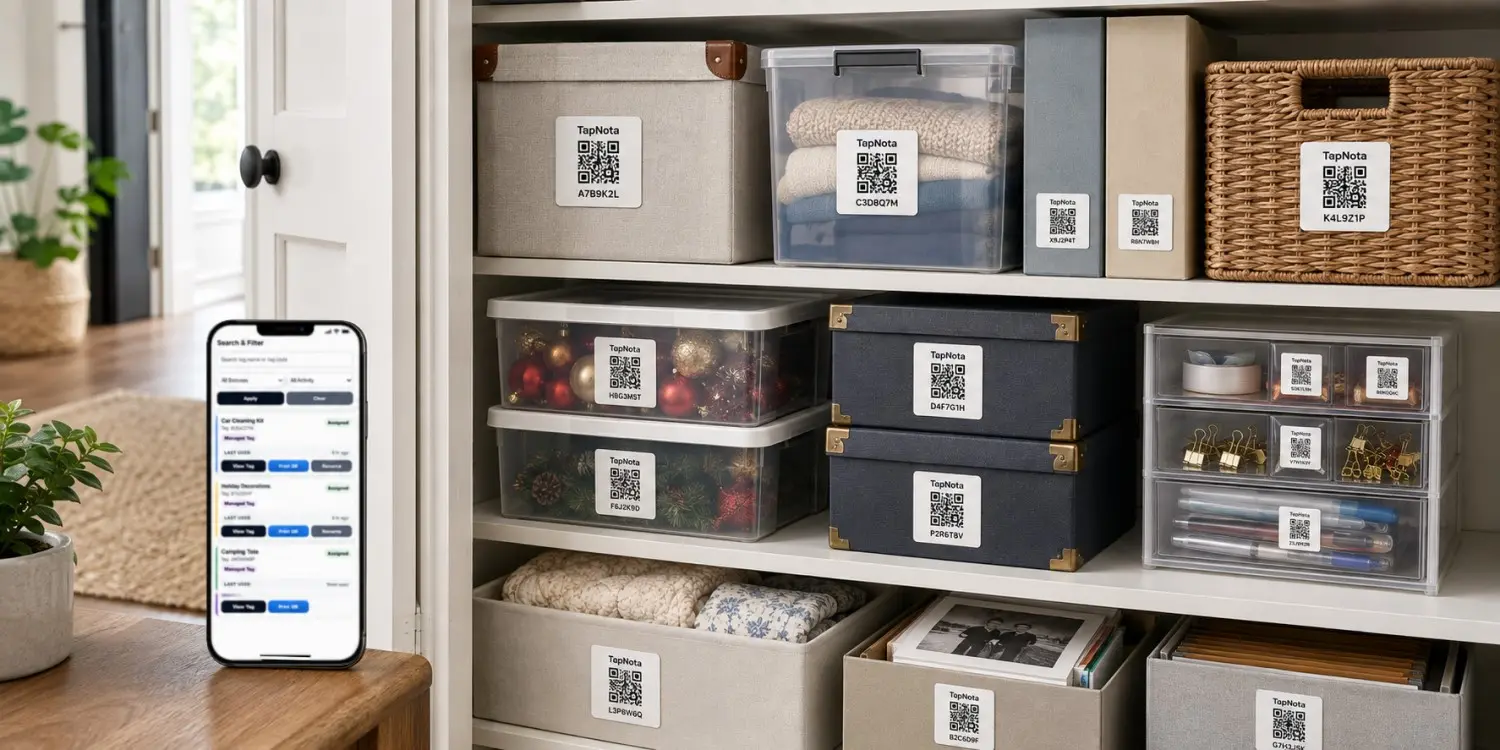 Household belongings and storage containers organized with TapNota home inventory QR labels