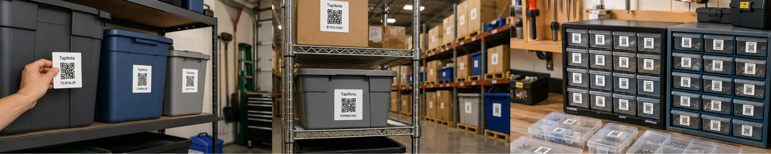 TapNota QR labels for tool organization cabinets drawers cases batteries chargers and shop equipment