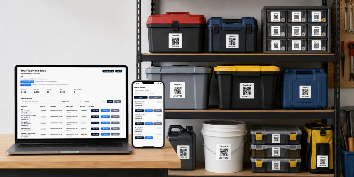 Business tools, supplies and equipment organized with TapNota QR inventory labels