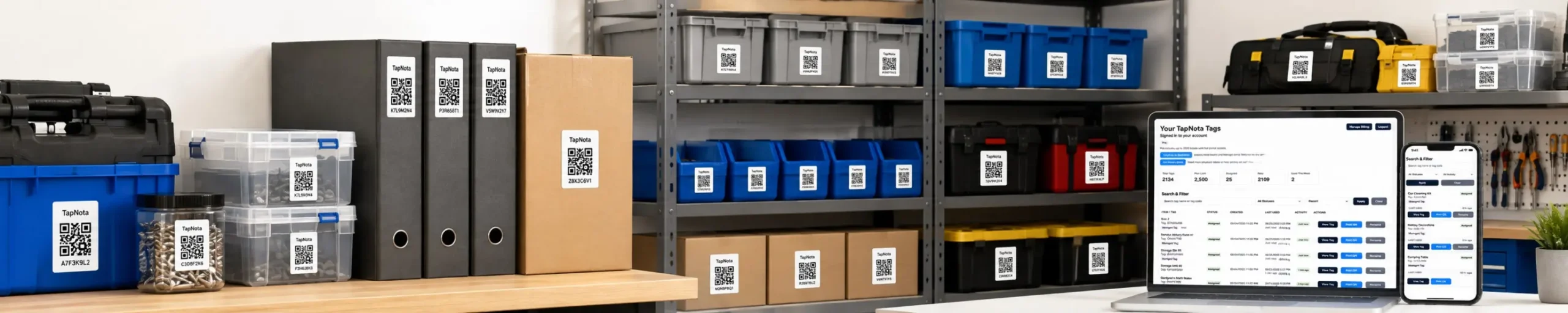 TapNota smart QR labels used on business storage containers and compact inventory items
