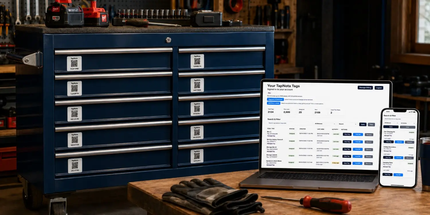 Organized tools and storage records displayed inside the searchable TapNota portal