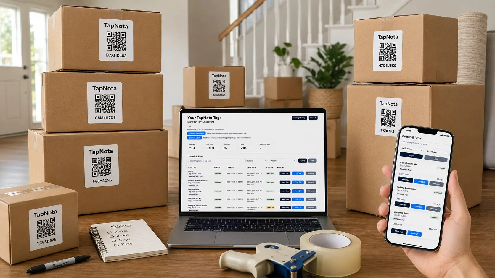 Moving boxes organized by room and connected to searchable TapNota inventory records