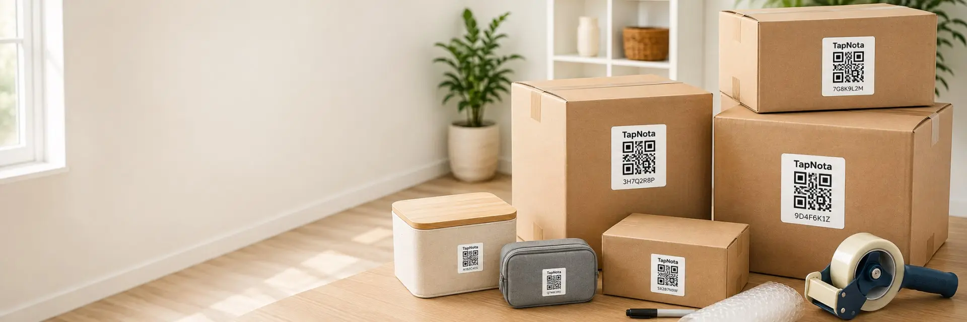 TapNota original and Mini QR labels shown with moving boxes and packing supplies