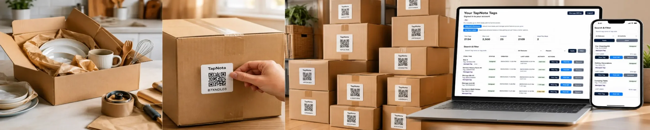 TapNota moving box inventory workflow showing labeling recording and searching packed boxes