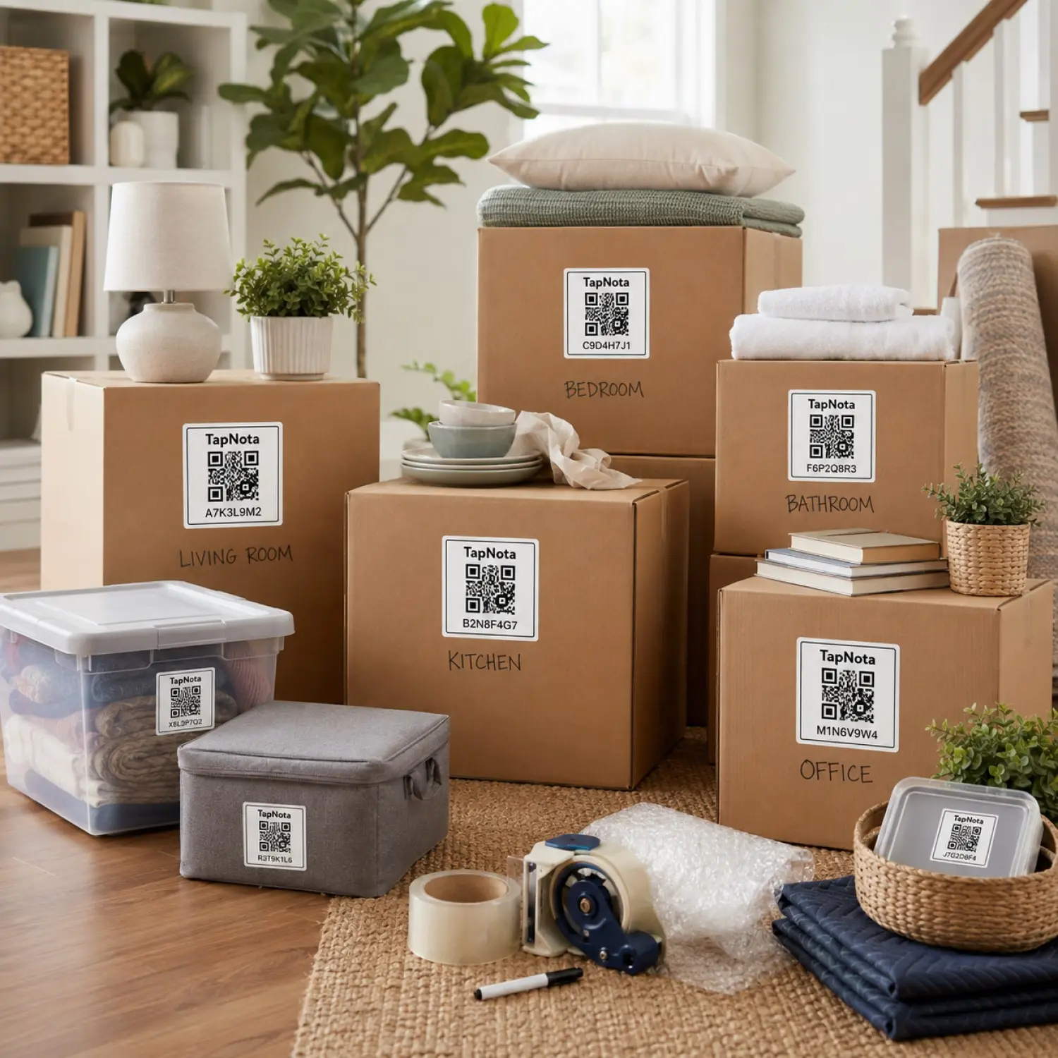 Moving boxes packed and labeled by destination room with TapNota QR labels