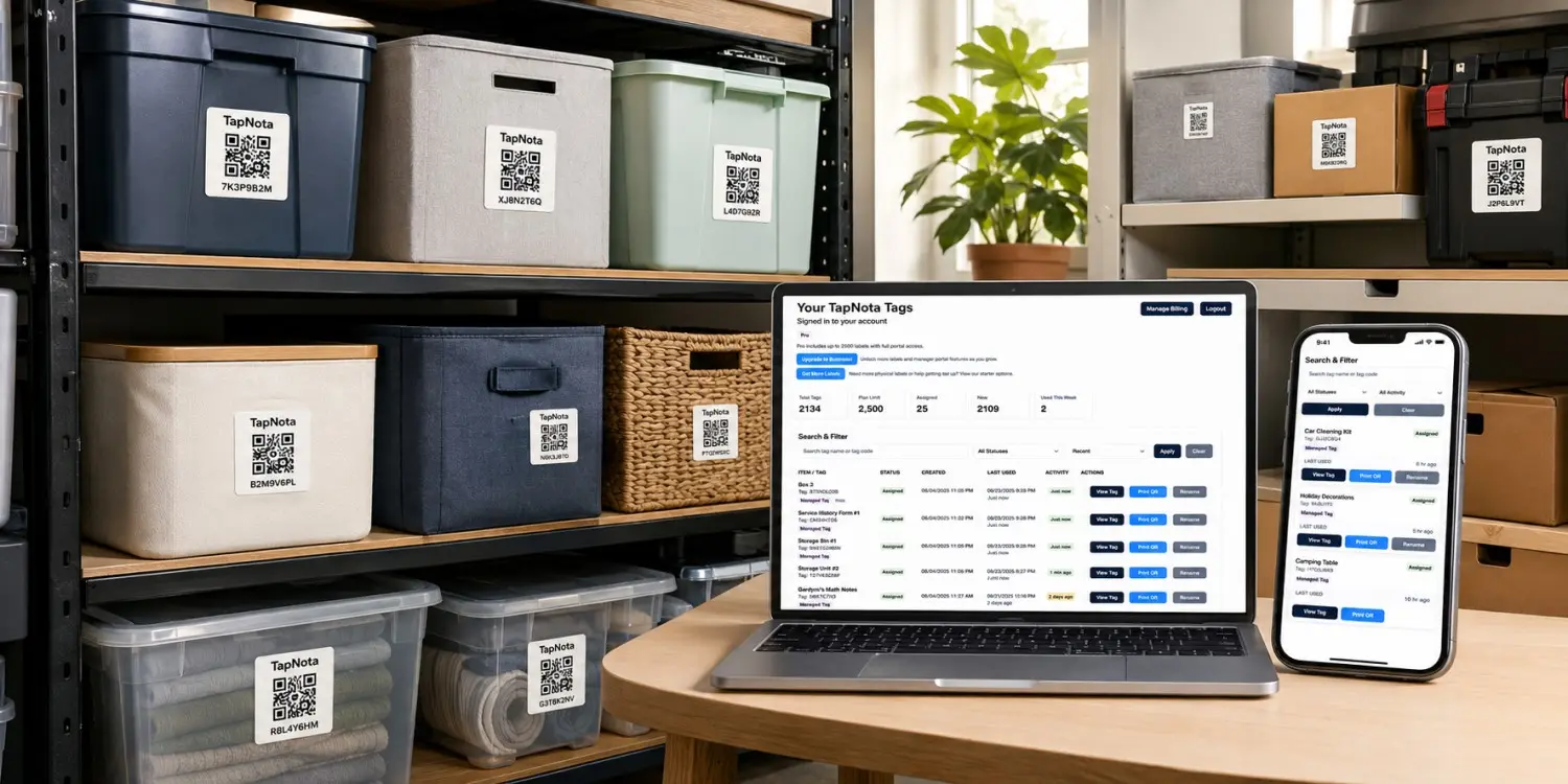 Storage bins and containers organized with TapNota QR labels and managed through the searchable TapNota portal