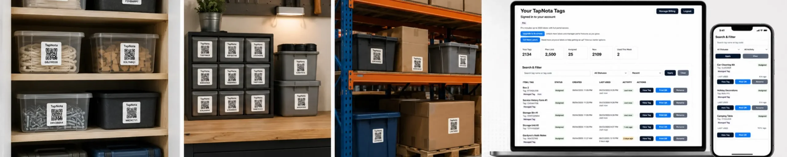 TapNota smart QR labels used for home storage, workshop organization and business inventory