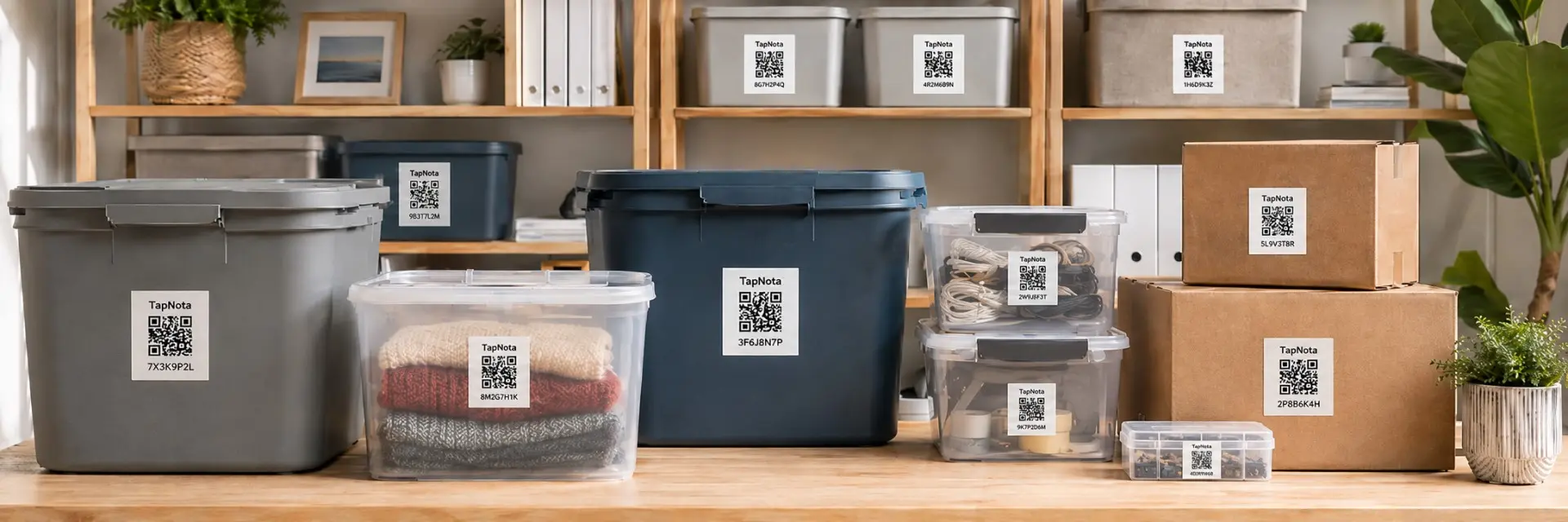 Full-size TapNota QR labels on storage bins and Mini labels on drawers, tools and small containers