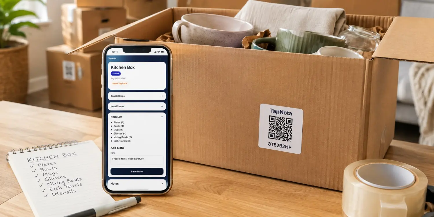 Moving box contents recorded with TapNota photos notes destination room and inventory details