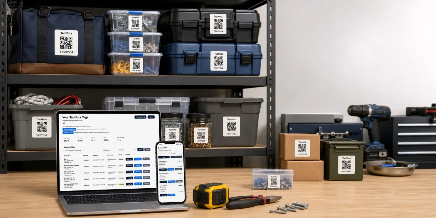 TapNota original and Mini QR labels used to organize tool kits accessories storage and compact items