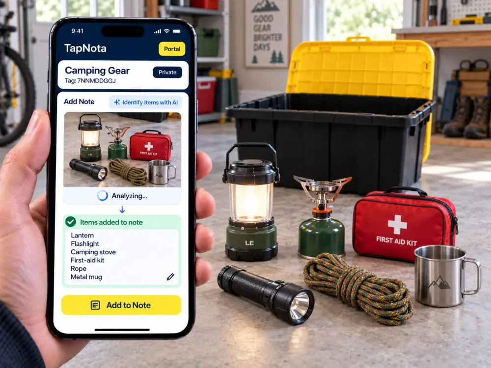 TapNota AI identifies camping gear and outdoor equipment before storage.