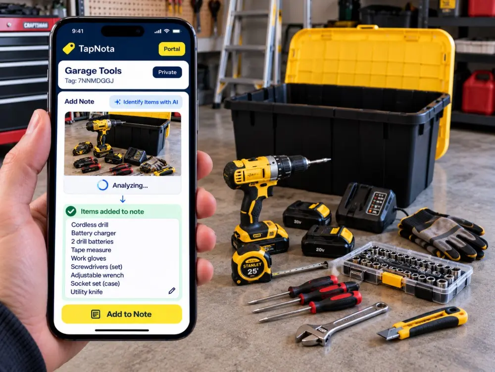 TapNota AI identifies cordless tools, batteries, chargers and hand tools for garage organization.