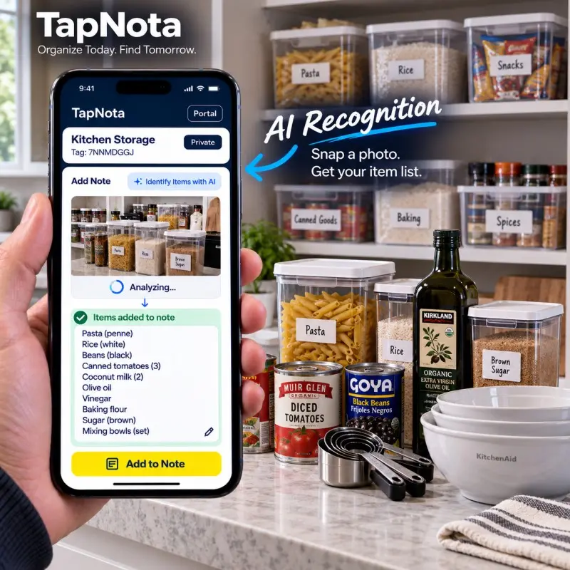 TapNota AI identifies pantry items, cookware and kitchen supplies for overflow storage.