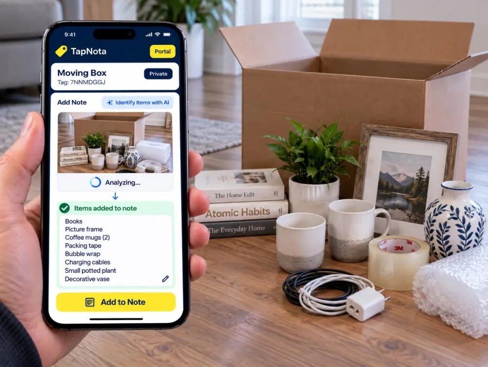TapNota AI identifies household items before they are packed into a moving box and creates a searchable item list.