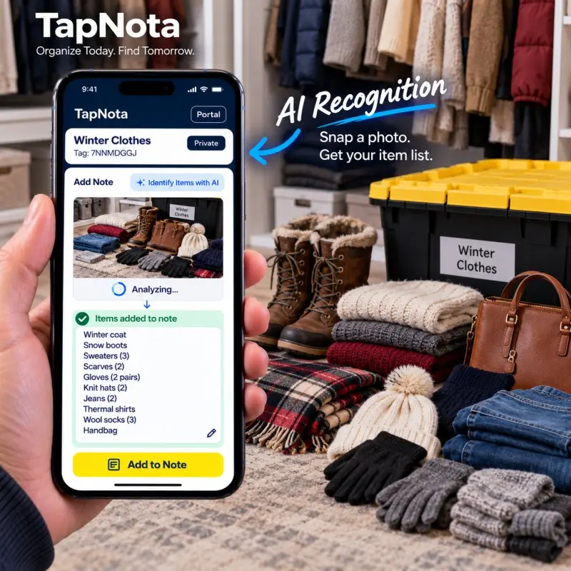 TapNota AI identifies winter clothes and seasonal clothing before storage.