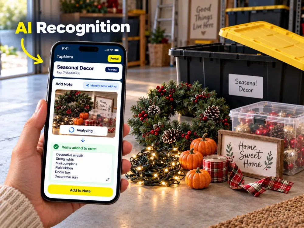 TapNota AI creates a searchable inventory for holiday and seasonal decoration storage.