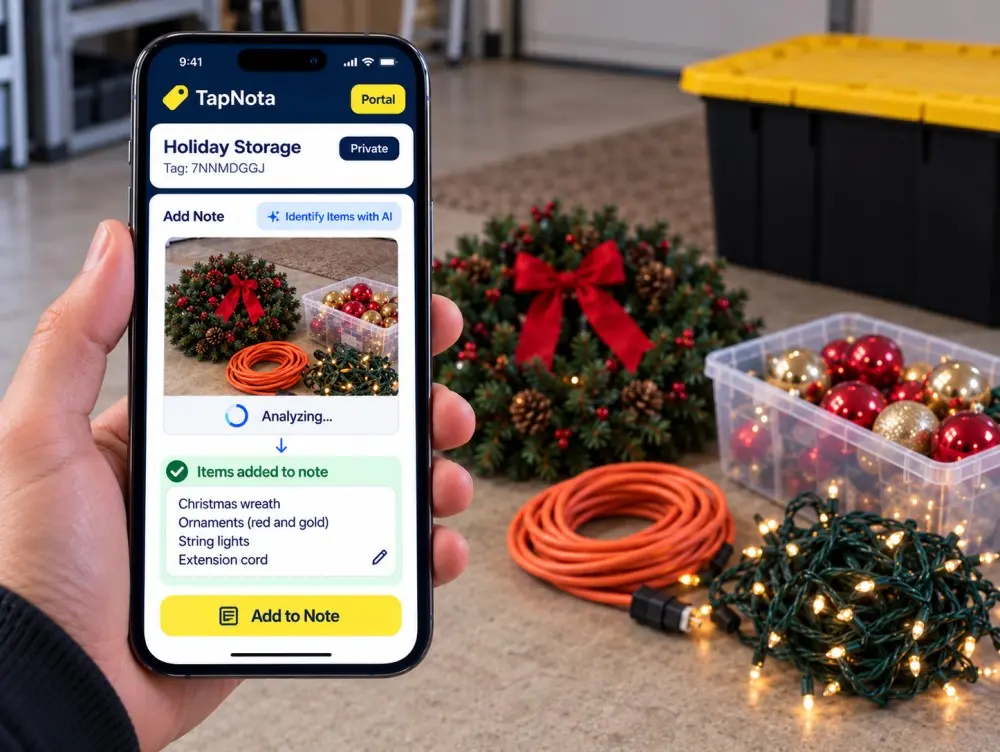 TapNota AI identifies wreaths, ornaments, string lights and seasonal decorations before storage.