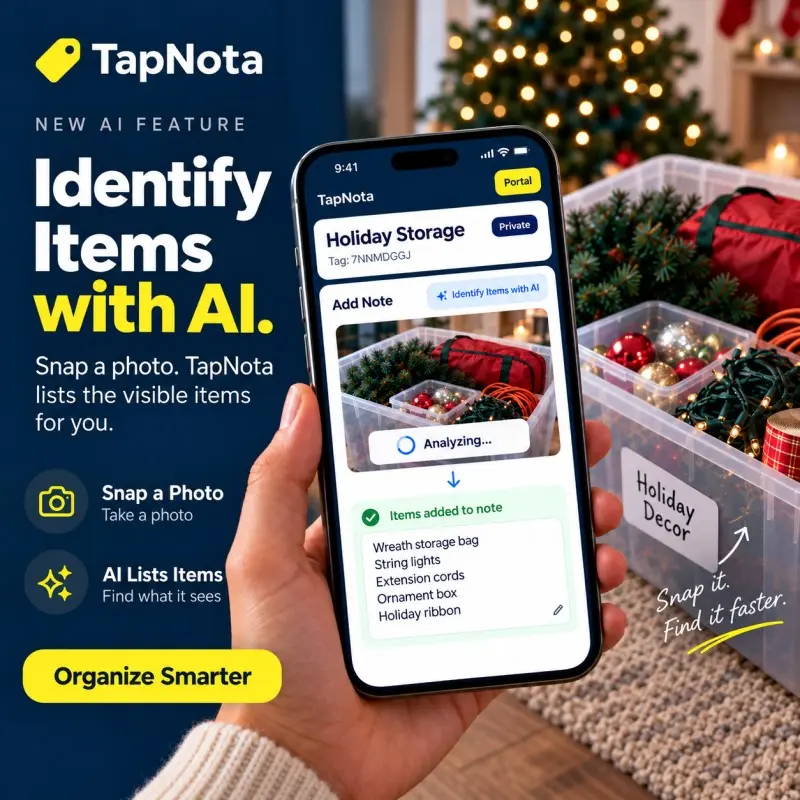 TapNota AI identifies visible household items from a photo before the items are placed into storage.