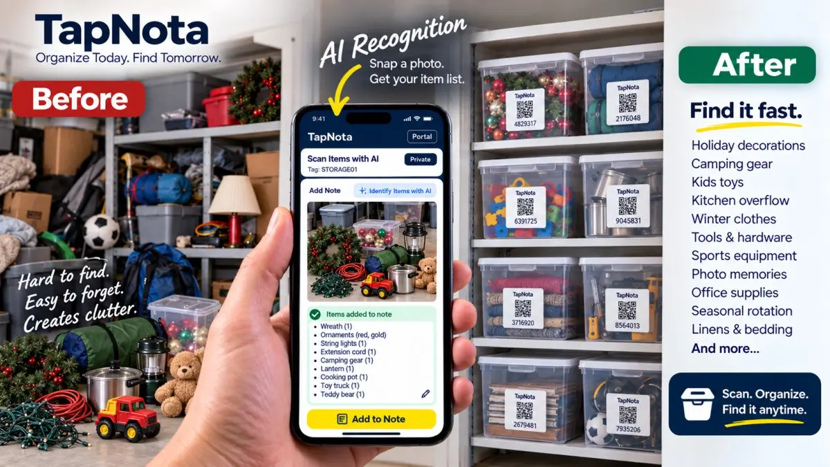 TapNota turns cluttered storage into organized searchable storage using AI item recognition and smart QR labels.