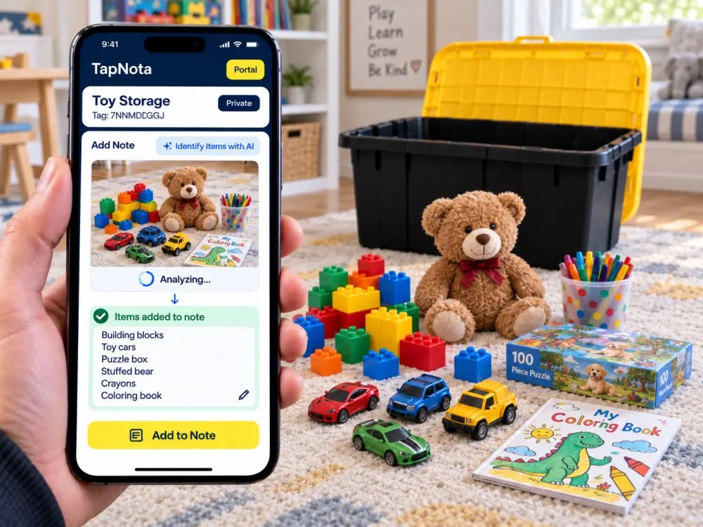 TapNota AI identifies toys and art supplies for organized toy storage.
