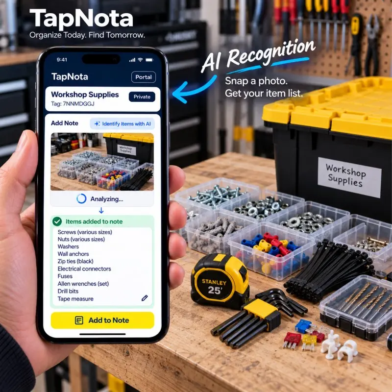TapNota AI identifies screws, nuts, washers, connectors and workshop supplies.